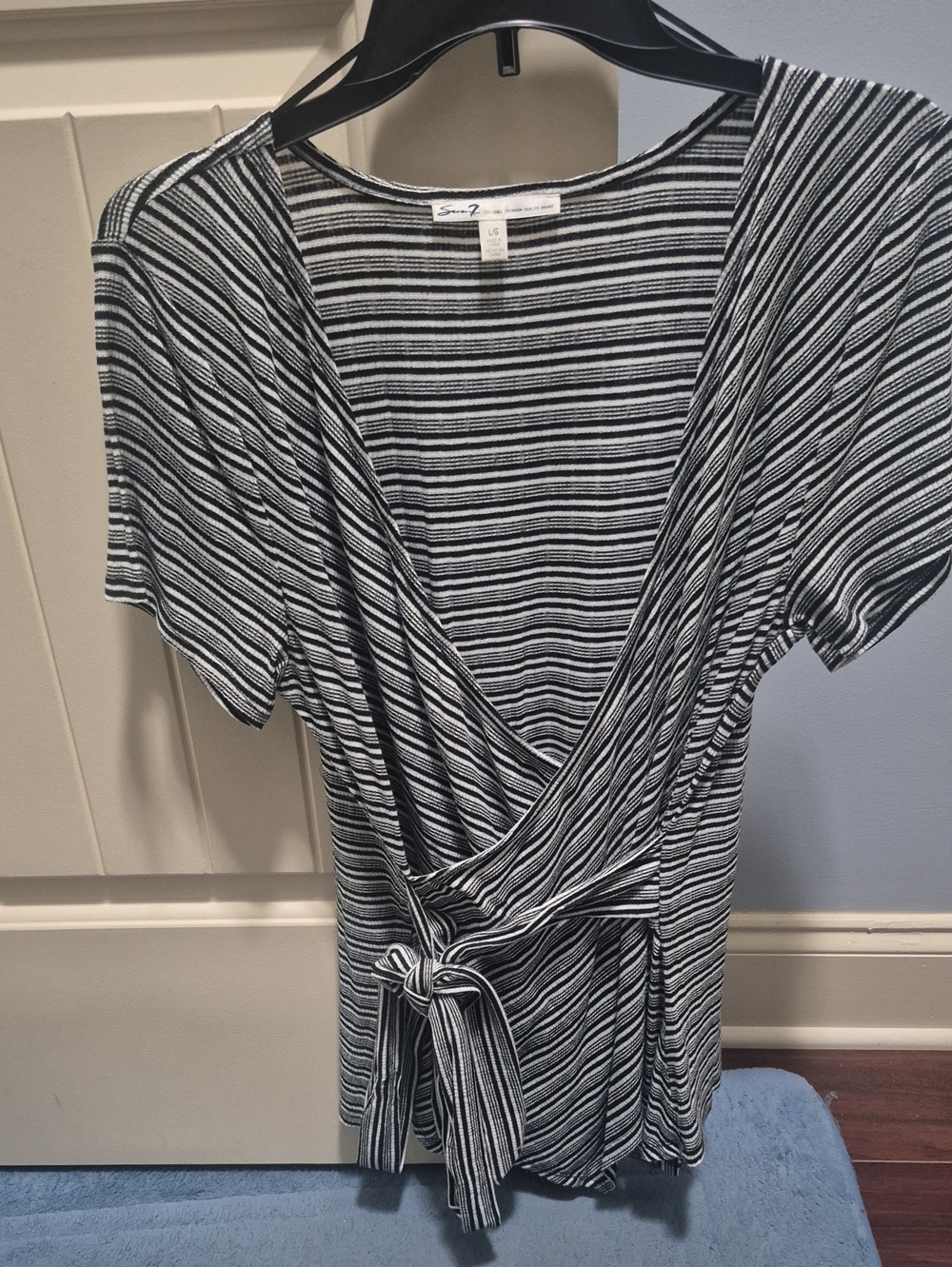 Seven7 Black and White Striped Wrap-Front Top